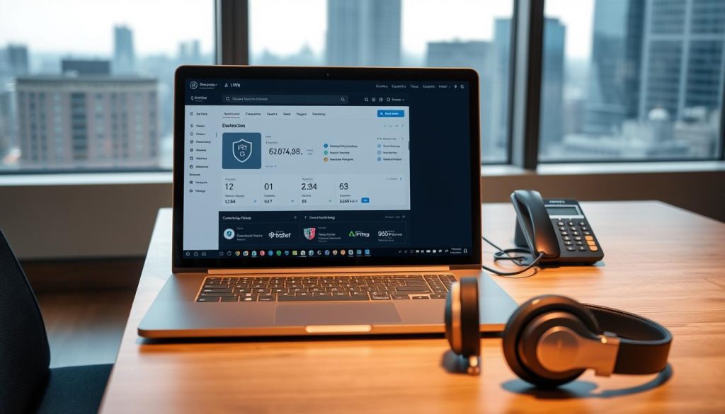 A sleek representation of a paid VPN service in a contemporary digital office setting. In the foreground, a laptop sits open displaying a VPN dashboard with a secure connection icon on the screen. The middle ground includes a modern desk with a stylish phone and a pair of professional headphones, symbolizing communication privacy. In the background, a large window reveals a cityscape, hinting at a bustling environment outside, while soft natural light pours in, creating a bright and motivating atmosphere. The overall mood is one of security and professionalism, highlighting the importance of safe internet access in today's connected world. The composition should be balanced, emphasizing technological sophistication and user-friendly experience. A sleek representation of a paid VPN service in a contemporary digital office setting. In the foreground, a laptop sits open displaying a VPN dashboard with a secure connection icon on the screen. The middle ground includes a modern desk with a stylish phone and a pair of professional headphones, symbolizing communication privacy. In the background, a large window reveals a cityscape, hinting at a bustling environment outside, while soft natural light pours in, creating a bright and motivating atmosphere. The overall mood is one of security and professionalism, highlighting the importance of safe internet access in today's connected world. The composition should be balanced, emphasizing technological sophistication and user-friendly experience.
