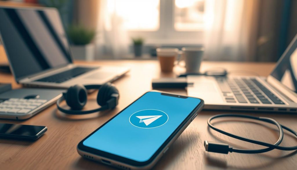 A sleek smartphone displaying the Telegram logo on its screen, positioned prominently in the foreground. The phone is surrounded by various tech items, such as a laptop, headphones, and charging cables, symbolizing modern communication. In the middle ground, a clean and organized desk with a soft-focus background of a cozy home office setting. The lighting is warm and inviting, with natural light filtering through a window, casting gentle shadows. The mood conveys a sense of productivity and ease as the viewer contemplates downloading the app. Capture the scene from a slightly elevated angle to showcase the details on the phone screen while keeping the background elements in context. The overall atmosphere is professional yet approachable, emphasizing digital connectivity.