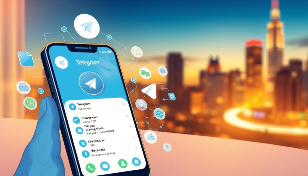 A vibrant and detailed illustration showcasing the core features of Telegram. In the foreground, depict a smartphone displaying the Telegram app interface, highlighting features like chat groups, channels, and voice calls. Surround the phone with symbols representing key functionalities like encryption, file sharing, and bot interactions. In the middle ground, include a subtle backdrop of abstract digital elements and icons symbolizing connectivity and communication, using blue and green tones to reflect Telegram's branding. The background should feature a soft, blurred cityscape at twilight, creating a modern and tech-savvy atmosphere. Use warm lighting to enhance the image, providing a sense of innovation and user-friendly design. The overall mood should convey efficiency, security, and seamless communication.