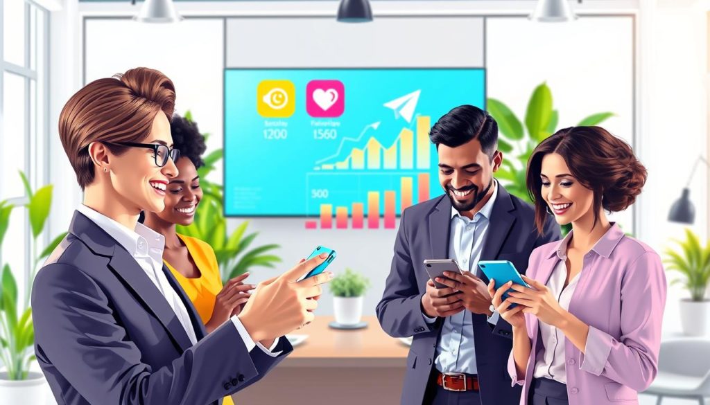 A visually appealing digital illustration showcasing a diverse group of individuals engaging with their smartphones, representing effective subscriber attraction strategies for a Telegram channel. In the foreground, a person in professional business attire points at their phone screen, smiling as they share content with two others who appear intrigued. In the middle background, a large screen displays vibrant social media icons and growth charts, symbolizing online presence and growth. The background features a bright, modern office environment with plants and contemporary furniture, creating a productive atmosphere. The lighting is bright and welcoming, casting soft shadows, and the angle is slightly elevated to capture the dynamics of interaction. The overall mood is positive, exciting, and motivational, emphasizing collaboration and innovation in digital communication. A visually appealing digital illustration showcasing a diverse group of individuals engaging with their smartphones, representing effective subscriber attraction strategies for a Telegram channel. In the foreground, a person in professional business attire points at their phone screen, smiling as they share content with two others who appear intrigued. In the middle background, a large screen displays vibrant social media icons and growth charts, symbolizing online presence and growth. The background features a bright, modern office environment with plants and contemporary furniture, creating a productive atmosphere. The lighting is bright and welcoming, casting soft shadows, and the angle is slightly elevated to capture the dynamics of interaction. The overall mood is positive, exciting, and motivational, emphasizing collaboration and innovation in digital communication.