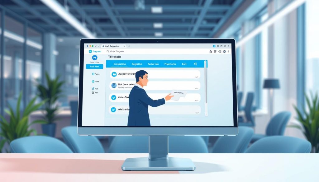 A visually engaging and informative illustration depicting the "Telegram bot registration process." In the foreground, showcase a sleek computer screen displaying the Telegram interface, featuring the bot creation steps with clear, visually distinct icons. In the middle layer, include a focused individual in professional business attire, intently interacting with the computer, symbolizing the user-friendly nature of the process. The background should feature a modern office workspace, with soft, ambient lighting that creates a productive atmosphere. Use a slightly blurred effect on the background to emphasize the foreground activities. The overall mood should be encouraging and tech-savvy, conveying ease of use in creating a Telegram bot. Ensure the image is polished and professional, capturing the essence of the registration process without any text or annotations. A visually engaging and informative illustration depicting the "Telegram bot registration process." In the foreground, showcase a sleek computer screen displaying the Telegram interface, featuring the bot creation steps with clear, visually distinct icons. In the middle layer, include a focused individual in professional business attire, intently interacting with the computer, symbolizing the user-friendly nature of the process. The background should feature a modern office workspace, with soft, ambient lighting that creates a productive atmosphere. Use a slightly blurred effect on the background to emphasize the foreground activities. The overall mood should be encouraging and tech-savvy, conveying ease of use in creating a Telegram bot. Ensure the image is polished and professional, capturing the essence of the registration process without any text or annotations.