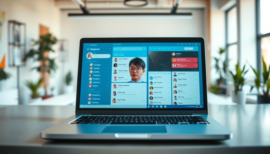 A visually engaging digital workspace showcasing the concept of "Telegram Chat Groups." In the foreground, a sleek laptop screen displays a vibrant Telegram interface filled with organized group chats, each represented by colorful icons and avatars. The middle layer includes a blurred outline of a person sitting at a desk, dressed in professional attire, thoughtfully managing their chats. The background features a modern, bright office environment, filled with plants and minimalistic decor, creating a productive atmosphere. Soft, diffuse lighting enhances the workspace, while a shallow depth of field focuses attention on the laptop screen, conveying a sense of clarity and organization. The overall mood is one of efficiency and digital connectivity, ideal for illustrating the topic of setting up Telegram chat groups.