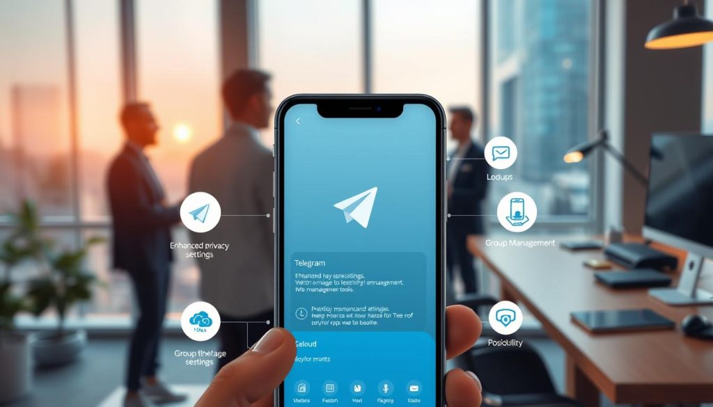 A visually engaging representation of Telegram's advanced features. In the foreground, depict an abstract smartphone displaying the Telegram app interface, with distinct icons highlighting premium features like enhanced privacy settings, cloud storage, and group management tools. In the middle ground, incorporate professional individuals discussing Telegram's benefits, dressed in business attire, showcasing a collaborative environment. The background should hint at a modern office setting with soft-focus elements like a window with a city view and a sleek desk with tech gadgets, bathed in warm, natural light. Aim for a balanced composition that conveys innovation and connectivity, creating a positive and inspiring atmosphere surrounding digital communication. A visually engaging representation of Telegram's advanced features. In the foreground, depict an abstract smartphone displaying the Telegram app interface, with distinct icons highlighting premium features like enhanced privacy settings, cloud storage, and group management tools. In the middle ground, incorporate professional individuals discussing Telegram's benefits, dressed in business attire, showcasing a collaborative environment. The background should hint at a modern office setting with soft-focus elements like a window with a city view and a sleek desk with tech gadgets, bathed in warm, natural light. Aim for a balanced composition that conveys innovation and connectivity, creating a positive and inspiring atmosphere surrounding digital communication.
