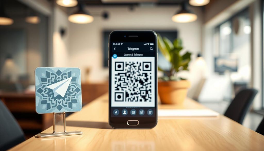 A visually striking image illustrating the concept of sharing a personal business card QR code on Telegram. In the foreground, a sleek QR code stands prominently, designed with unique patterns, reflecting modern digital aesthetics. In the middle ground, a smartphone displays the Telegram app, showcasing the QR code prominently on the screen, surrounded by an inviting interface with clear icons. In the background, a soft-focus office environment hints at a professional setting, with a polished desk and a stylish plant to create a warm atmosphere. The lighting is bright and well-distributed, evoking enthusiasm and clarity, with a slight focus effect on the phone to draw attention to the QR code. The overall mood is professional yet approachable, perfect for a business context. A visually striking image illustrating the concept of sharing a personal business card QR code on Telegram. In the foreground, a sleek QR code stands prominently, designed with unique patterns, reflecting modern digital aesthetics. In the middle ground, a smartphone displays the Telegram app, showcasing the QR code prominently on the screen, surrounded by an inviting interface with clear icons. In the background, a soft-focus office environment hints at a professional setting, with a polished desk and a stylish plant to create a warm atmosphere. The lighting is bright and well-distributed, evoking enthusiasm and clarity, with a slight focus effect on the phone to draw attention to the QR code. The overall mood is professional yet approachable, perfect for a business context.