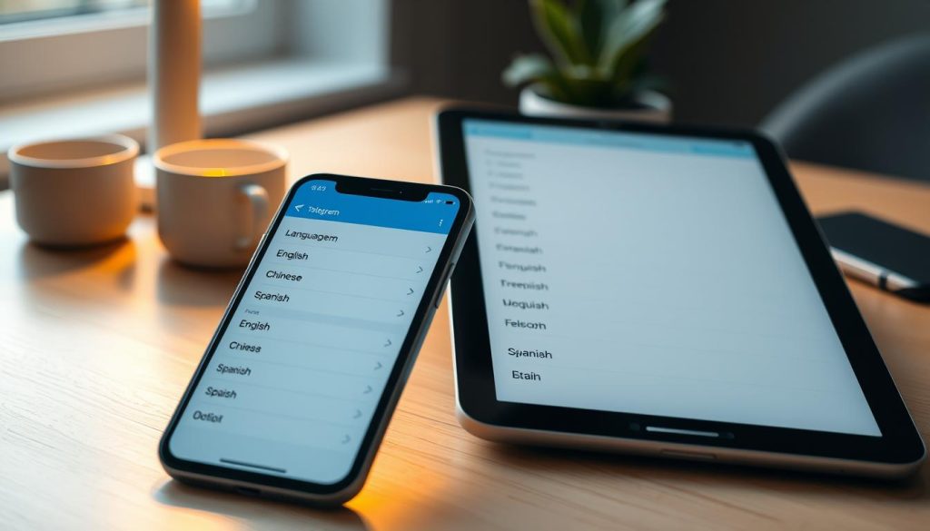 An iPhone and an iPad displaying the Telegram app's language settings interface, prominently showing various language options like English, Chinese, Spanish, and more. The devices are arranged on a sleek wooden table, with a warm, diffused light illuminating them, creating a cozy and inviting atmosphere. In the background, softly blurred elements of a modern workspace, such as a potted plant and stationery, add context without distracting from the main focus. The camera angle is slightly above the devices, emphasizing the user-friendly interface of the app. The mood is calm and informative, perfect for guiding readers on how to adjust language settings on their Telegram app. An iPhone and an iPad displaying the Telegram app's language settings interface, prominently showing various language options like English, Chinese, Spanish, and more. The devices are arranged on a sleek wooden table, with a warm, diffused light illuminating them, creating a cozy and inviting atmosphere. In the background, softly blurred elements of a modern workspace, such as a potted plant and stationery, add context without distracting from the main focus. The camera angle is slightly above the devices, emphasizing the user-friendly interface of the app. The mood is calm and informative, perfect for guiding readers on how to adjust language settings on their Telegram app.