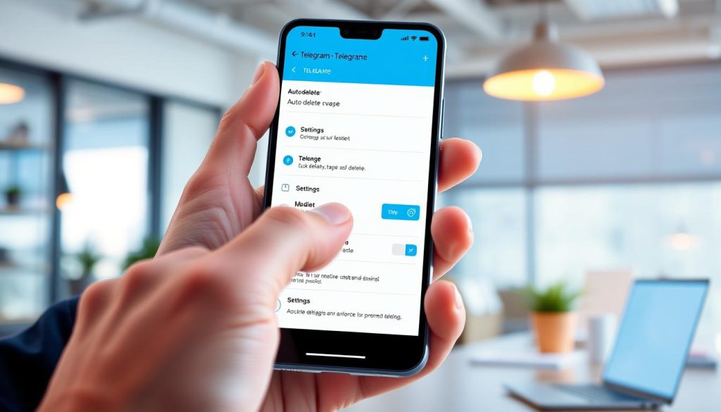 An illustration depicting the Telegram auto-delete setting for chat messages. Foreground: a vibrant smartphone screen displaying the Telegram app interface, with an emphasis on the settings menu showing auto-delete options. Middle: a pair of professional hands delicately navigating the screen, with fingers pointed towards the auto-delete toggle. Background: a softly blurred, modern office environment that suggests productivity and digital communication, with warm, natural lighting streaming in from a nearby window. The atmosphere should convey a sense of efficiency and organization, with a hint of technology-driven lifestyle. The image should be sharp and visually appealing, focusing on the user experience within the app.