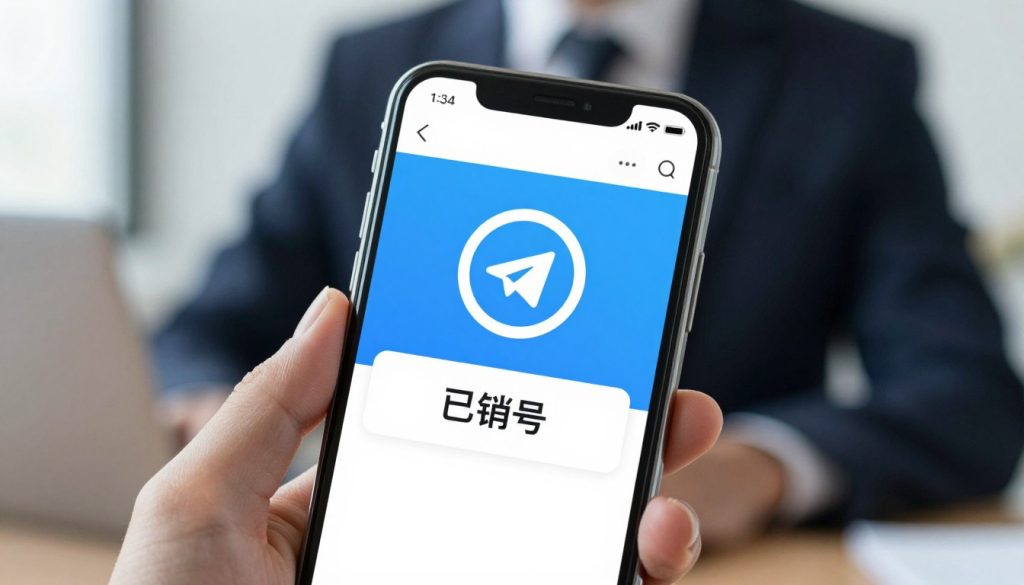 特写镜头展现了一部智能手机屏幕，屏幕上显示着 Telegram 个人资料，醒目的“已销号”（账号已注销）图标清晰可见。前景中，一位身着商务正装的男士手持这款时尚的手机。中景则展现了 Telegram 界面鲜艳的色彩和设计，重点突出了清晰可见的“已销号”通知。背景柔和虚化，暗示着现代办公环境，柔和的漫射灯光营造出一种专注而又不失沉稳的氛围。整体基调严肃而信息丰富，既体现了账号状态通知的性质，又保持了专业和商务的审美风格。