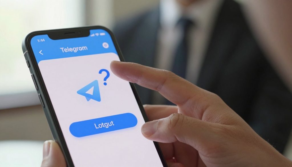 特写镜头展现了一部智能手机，屏幕上显示着 Telegram 应用界面，画面中人物正为登出问题而苦恼。前景中，手机屏幕上醒目地显示着“登出”按钮，周围环绕着一条含义不明的错误信息，或许还带有一个动画问号以示强调。中景中，一只身着职业装的手犹豫地悬停在屏幕上方，流露出沮丧之情。背景是柔和的室内场景，附近窗户透出的温暖光线营造出一种平静的氛围，与手机令人困惑的状态形成鲜明对比。整体氛围在专业性和一丝担忧之间取得了平衡，有效地突出了 Telegram 登出问题的困惑，而无需任何文字或水印。
