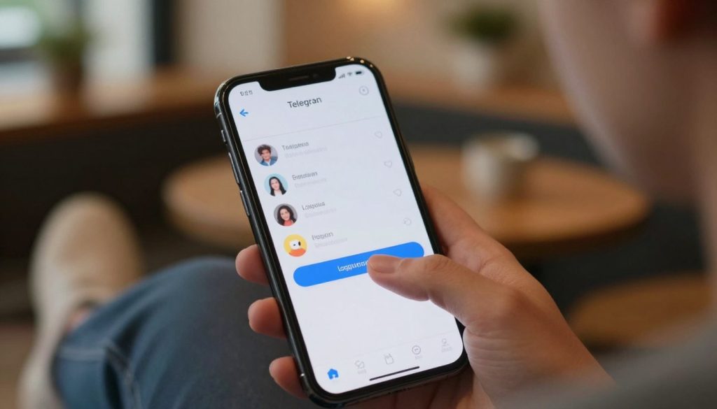 A close-up view of a smartphone screen displaying the Telegram app interface, prominently featuring the logout option. The foreground should capture the phone held in a person’s hand, wearing a smart casual outfit, with fingers poised over the screen, indicating intention to log out. In the middle ground, softly blurred icons of personal messages or group chats can be glimpsed, adding context without distraction. The background should depict a cozy indoor setting, like a home office or a cafe, with warm, ambient lighting that creates a relaxed atmosphere. The overall mood should convey a sense of contemplation and ease, emphasizing the importance of securely managing app settings. No text or overlays are included.