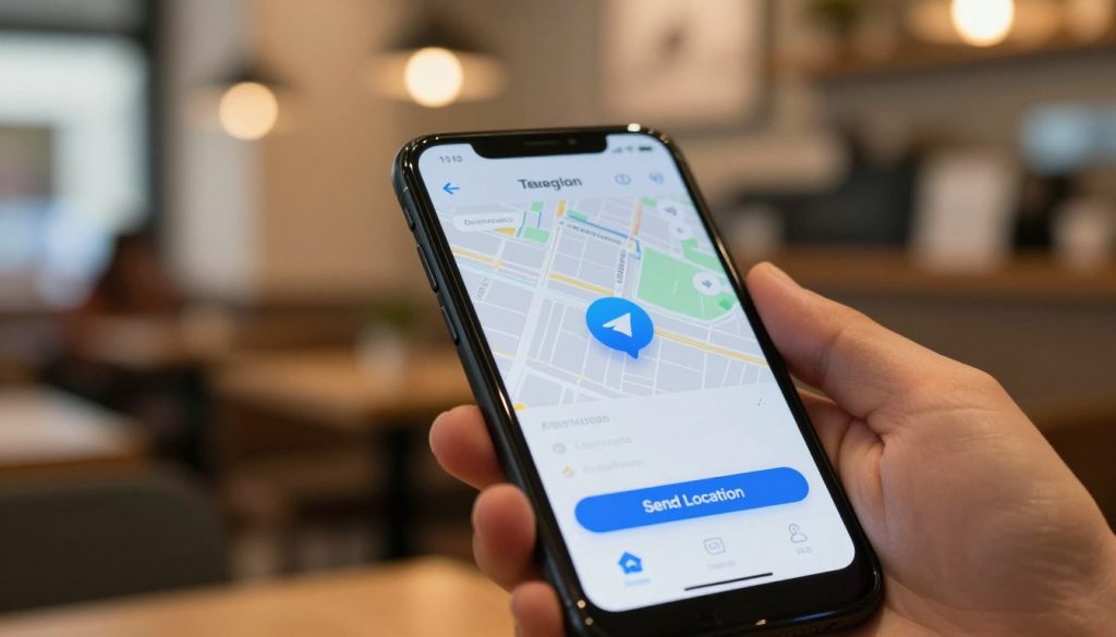 A close-up view of an Android smartphone screen displaying the Telegram app's location-sharing feature. In the foreground, there is a hand holding the phone, showcasing the intuitive interface with a clear map and a "Send Location" button highlighted. The middle ground features a blurred background of a casual indoor setting, such as a cozy café with soft lighting, suggesting a relaxed atmosphere. The lighting is warm and inviting, with a soft focus that emphasizes the phone while creating a harmonious ambiance. Accentuate the depth of field to draw attention to the smartphone while keeping the surroundings subtly defined, conveying a sense of modern communication.