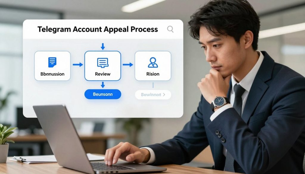 A detailed illustration of the "Telegram Account Appeal Process". In the foreground, depict a professional individual in business attire, thoughtfully navigating a laptop with a focused expression as they complete the appeal process. In the middle, display a clear and organized flowchart outlining the steps involved, including icons representing each stage (like submission, review, and resolution) connected by arrows. In the background, softly blurred elements suggest a modern office setting, with warm lighting to create an inviting atmosphere. The overall mood should be one of diligence and clarity, highlighting the importance of each step in the appeal process. Ensure no text or overlays are present in the image.