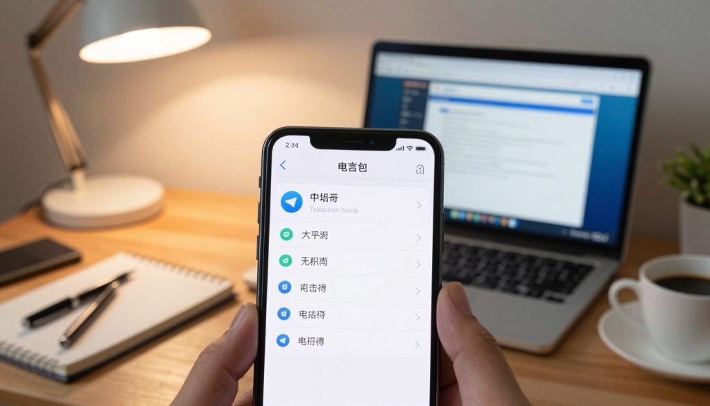 A detailed scene illustrating the installation process of the Telegram Chinese language pack on an Android phone. In the foreground, a close-up of a modern smartphone displaying the Telegram app interface with the language settings menu opened, clearly indicating the Chinese option. The middle ground features an organized workspace with a laptop showing a tutorial webpage and tools like a notepad, pen, and a cup of coffee. In the background, a soft-focus of a cozy home office with warm lighting emanating from a desk lamp, giving a welcoming atmosphere. The overall mood should reflect a busy yet productive environment, focused on technology and communication. Ensure the image is clean and professional without any logos, captions, or distractions.