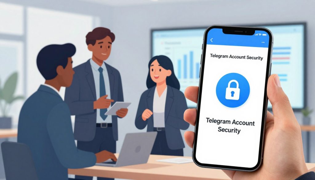 A digital illustration focusing on "Telegram Account Security." In the foreground, depict a secure smartphone displaying the Telegram app with a strong lock symbol on the screen, symbolizing account protection. In the middle ground, include a diverse group of three professionals (two men and one woman) dressed in business attire, engaged in a discussion about online security measures, with one pointing towards the smartphone. The background features a modern office setting with subtle elements related to cybersecurity, like a large screen displaying privacy charts. The lighting is bright and optimistic, suggesting a proactive approach to security. Use a wide-angle perspective to create depth and highlight the collaborative atmosphere of the scene.