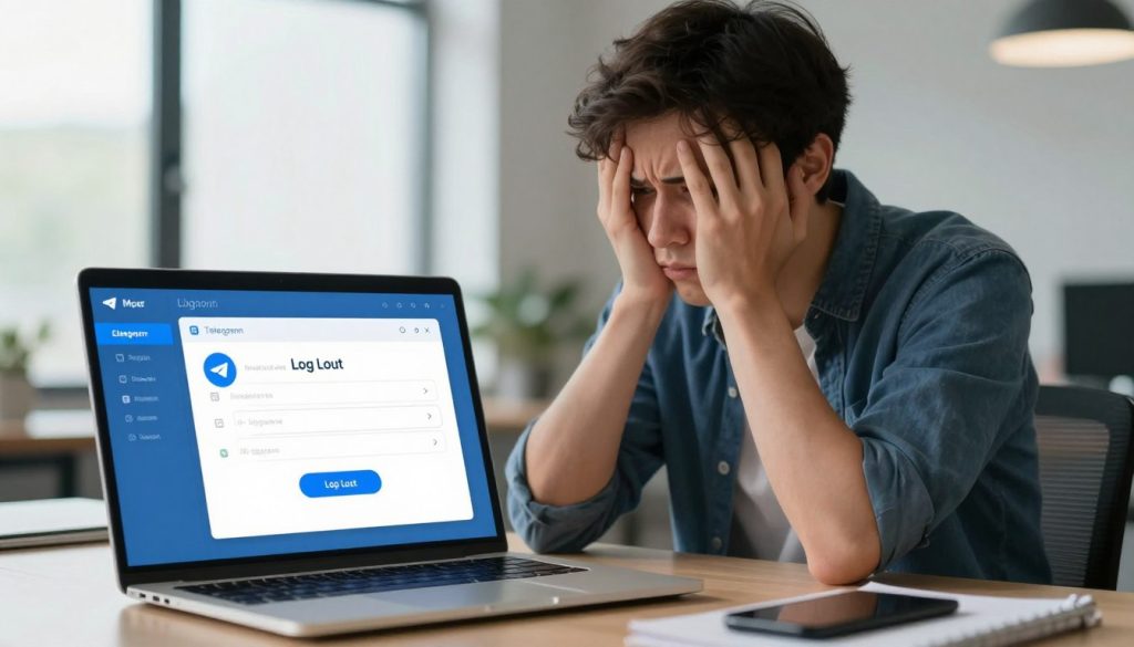 A digital workspace scene showing a frustrated user sitting at a desk with a laptop open displaying the Telegram app's account settings. The foreground features a focused view of the laptop screen, highlighting the "Log Out" option in the app, with visual elements like a loading wheel suggesting difficulties in logging out. The middle ground includes the user, a person in smart casual attire, visibly perplexed, resting their chin on one hand, gazing at the screen with a worried expression. The background features a softly blurred modern office environment with light coming from a large window, creating a subdued yet professional atmosphere. The overall mood reflects a sense of concern and confusion, emphasizing the struggle of not being able to log out from Telegram.