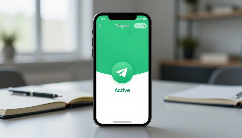 这幅数字设计场景以一部智能手机为中心，屏幕上显示着 Telegram 应用界面，并以鲜艳的绿色强调用户活跃状态，代表“在线”。智能手机位于画面前景中央，背景虚化，营造出温馨的家庭办公环境，柔和的自然光线透过窗户洒入室内。整体色调偏冷，给人以平静而专业的感受。桌面上摆放着笔记本和钢笔等精致的物品，营造出舒适的工作氛围。画面巧妙地融合了现代数字科技与一丝温暖，强调了保持账户活跃的重要性，且没有任何文字或可见的标志。