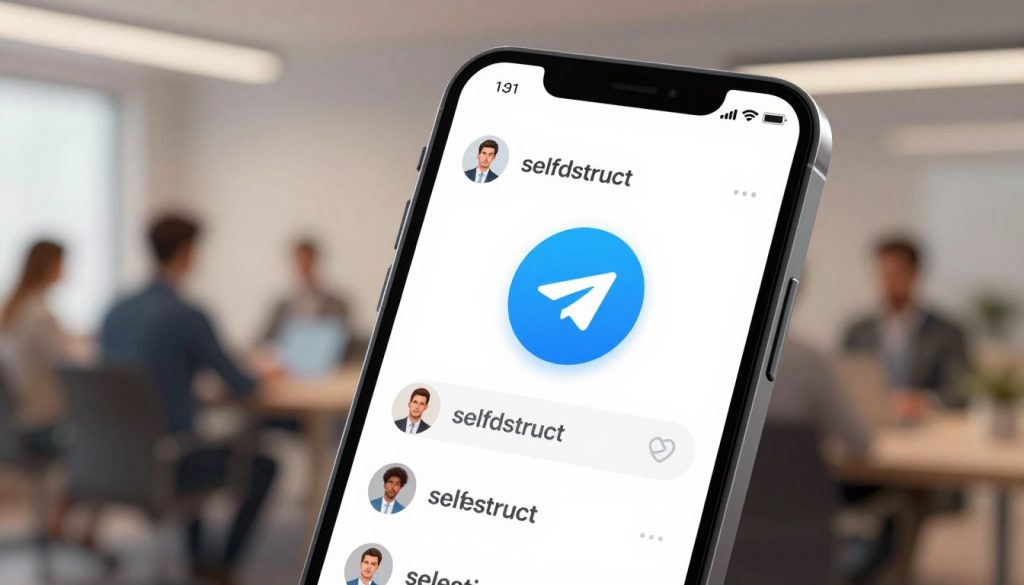 A modern digital illustration depicting the Telegram group chat feature with a focus on the "self-destruct" setting. In the foreground, a smartphone screen showcases a stylish chat interface, highlighted by a prominent self-destruct timer icon. The middle ground features subtle hints of group chat participants represented as silhouettes or avatars, maintaining a professional tone. The background includes a blurred office environment, with soft lighting that creates a warm yet tech-savvy atmosphere, emphasizing productivity and connectivity. The overall mood conveys a sense of security and privacy in digital communication, with the smartphone illuminated to draw attention to the features being discussed. Light reflections on the phone add depth and realism.