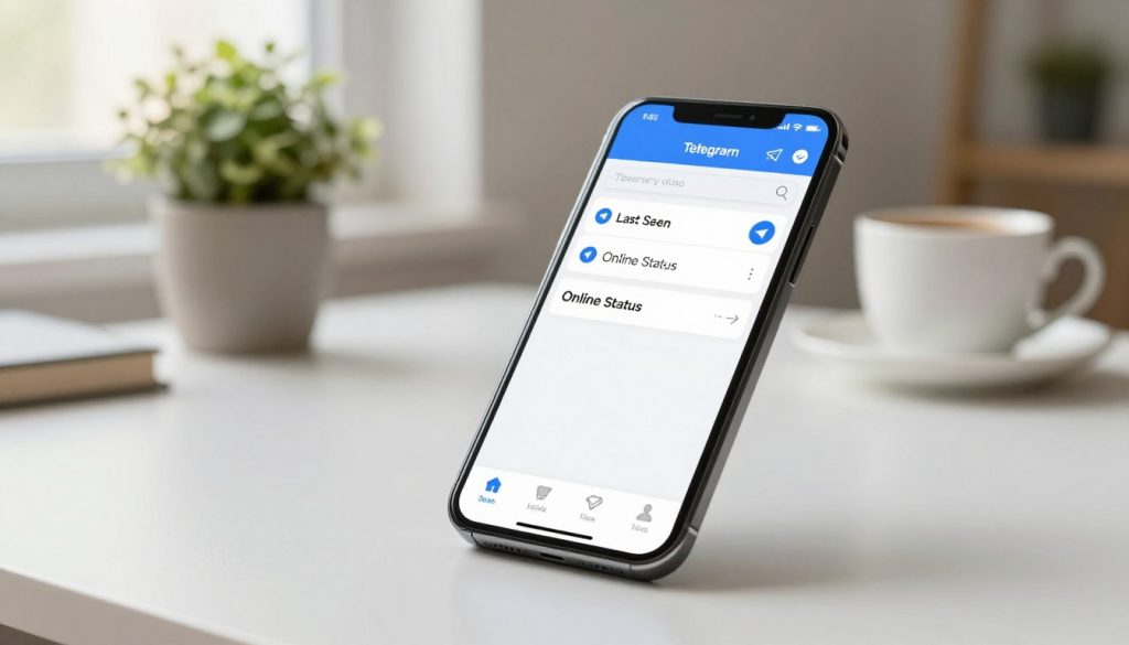 简洁现代的 Telegram 应用界面，重点展示在线状态设置。前景中，一部智能手机静静地躺在干净的极简主义桌面上，屏幕上显示着 Telegram 设置菜单，其中“最后上线时间”和“在线状态”等选项被高亮显示。中景采用柔焦背景，营造出温馨舒适的工作氛围，包括一盆绿植和一个精致的咖啡杯。明亮柔和的自然光线，仿佛透过附近的窗户洒进阳光明媚的户外。整体氛围既专业又亲切，强调了在数字时代管理个人在线形象的重要性。画面中没有任何文字或其他元素，完全聚焦于应用界面及其设置。