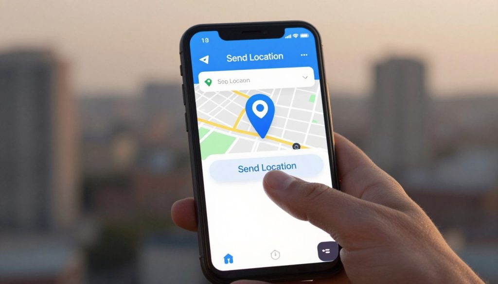 A smartphone displaying the Telegram app interface, prominently featuring the location sharing function. In the foreground, a hand reaches out to tap the "Send Location" button, with the screen glowing softly. The middle ground includes a clear view of the device, capturing the vibrant app colors and an illustrated map with a pin dropped on a specific point, emphasizing precision and clarity. The background showcases a subtle blurred cityscape, enhancing the urban setting while remaining out of focus. The lighting is warm and inviting, casting a soft glow on the smartphone screen, creating a friendly atmosphere. The overall mood is one of connectivity and ease, highlighting the simplicity of sharing location with friends through technology.