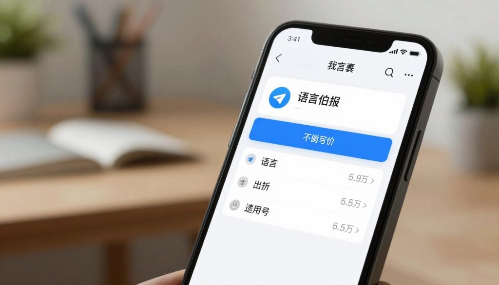 A visually appealing representation of the Telegram app's language settings in Chinese on an iOS device. In the foreground, an iPhone is prominently displayed, showcasing the Telegram interface with the Chinese language option highlighted. The middle layer features a blurred desk background, conveying a cozy, tech-savvy home office environment. Soft, natural lighting illuminates the device, creating a warm atmosphere. The camera angle is slightly tilted, focusing on the screen while capturing the elegance of the iPhone's design. The overall mood should be inviting and informative, suitable for a tech tutorial, emphasizing clarity and usability without any text or overlays.