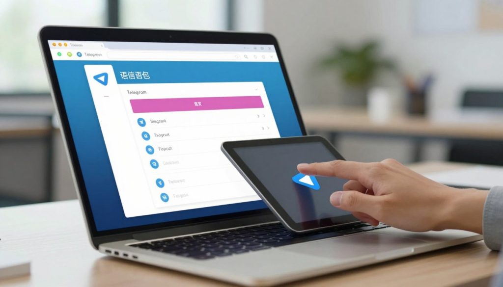 A visually engaging and informative scene depicting a tutorial on setting up the Chinese language pack in Telegram. In the foreground, feature a sleek laptop displaying the Telegram interface with the language settings section highlighted, showcasing vibrant colors and clear icons. In the middle ground, an illustrated hand interacts with the touchpad, symbolizing user engagement, while in the background, a blurred office environment suggests a professional space, with soft, natural lighting filtering through a window. The overall atmosphere should be focused and educational, conveying a sense of clarity and ease in the language installation process. The image should maintain a clean and modern aesthetic, without any text or overlay distractions.