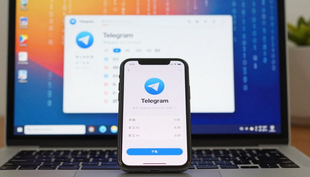 A visually striking and informative composition depicting the concept of downloading the Chinese language pack for Telegram. In the foreground, illustrate a sleek, modern smartphone displaying the Telegram logo on its screen, with a prominent download button highlighted. In the middle ground, include a soft-focus image of a computer screen with a vibrant desktop interface showcasing the Telegram application, demonstrating various language options including Chinese. The background features abstract digital elements like binary code or icons representing language and technology, creating a tech-savvy atmosphere. Use natural lighting to emphasize clarity and vibrancy, with a warm color palette to evoke a welcoming feel. The overall mood should convey efficiency and accessibility in technology, inviting viewers to engage with the content.