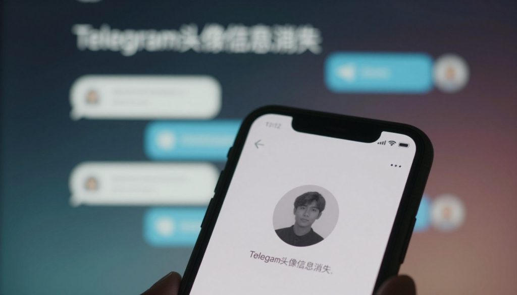 一幅视觉冲击力极强的概念图，描绘了“Telegram头像信息消失”的意象。前景中，一部智能手机屏幕上显示着一位Telegram用户的模糊头像，背景是模糊的数字元素，象征着沟通和连接。手机略微倾斜，以突出屏幕，柔和的漫射光营造出一种神秘和失落的氛围。中间层由抽象的形状和逐渐消失的图标组成，象征着即将消失的消息和个人资料，而冷色调的渐变则笼罩着背景，唤起人们对不确定性和隐私设置的担忧。整体氛围应令人沉思，略带忧郁，捕捉到已删除个人资料或账号的本质，而无需明确提及。