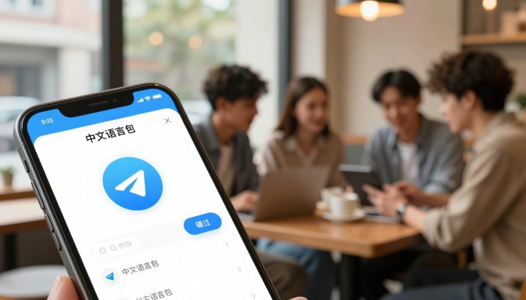 A visually striking image depicting a smartphone displaying the Telegram app interface in Chinese, prominently featuring the "中文语言包" (Chinese language pack) option. In the foreground, focus on the phone with a clean design, showcasing its vibrant colors and sharp resolution. The middle ground features a blurred café setting, with a cozy, inviting atmosphere, where a diverse group of young professionals is engaged in conversation, hinting at modern communication. The background should have soft, warm lighting filtering through large windows, enhancing the mood of productivity and collaboration. Use a slightly elevated angle to capture both the smartphone and the lively scene, emphasizing the connection between technology and communication in a contemporary, urban environment.